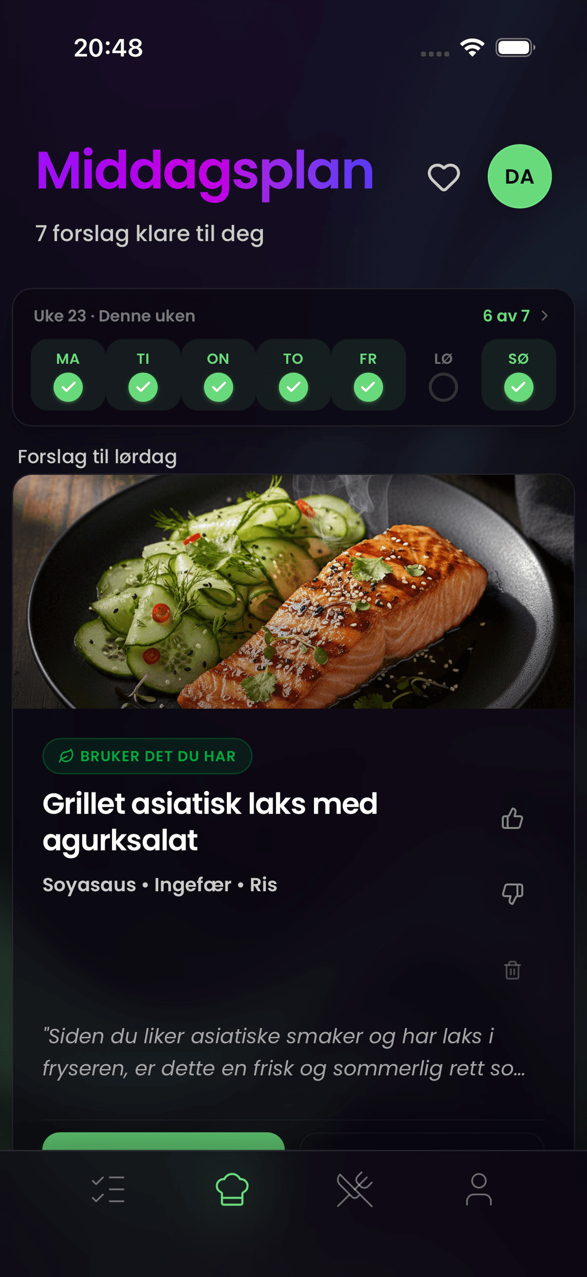 AI middagsplanlegger app | menyer som lærer dine vaner | Veloop